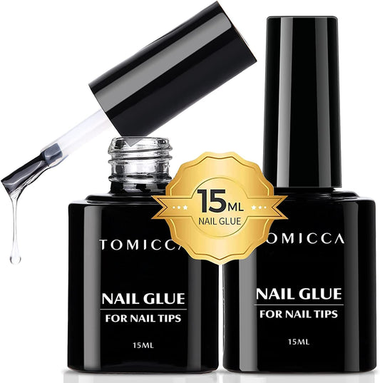 TOMICCA Gel Nail Glue Set, 4 in 1 Nail Glue UV Gel Set for Acrylic Nails, Super Strong Brush On Nail Glue Gel for False Nails and Gel Nail Polish, UV/LED Lamp Cure Required 2PCS-15ml Nail Glue Gel