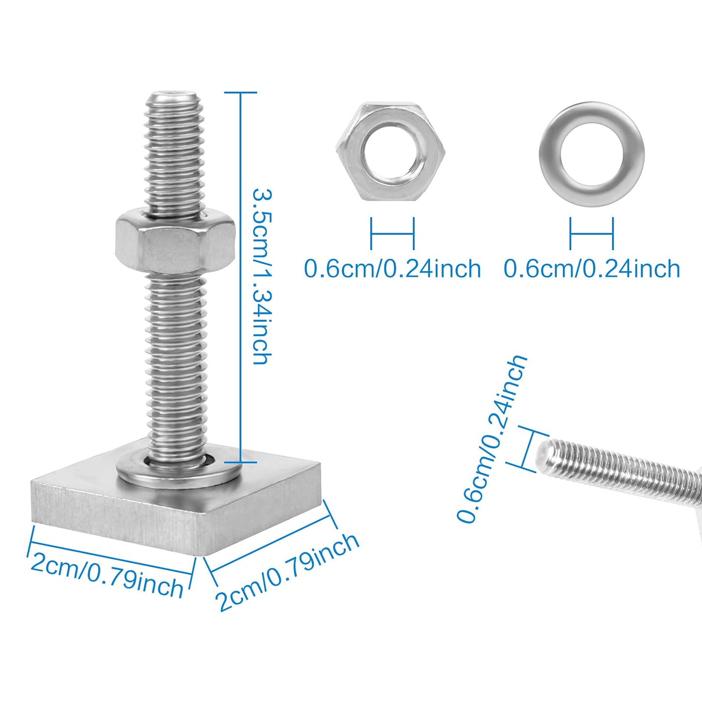 8 Pieces Roof Rack Bolts, Stainless Steel Roof Bolts M6 T Track Adapter Bolt with Nut Washer 20x20mm Square Sliding Blocks for Roof Rack Rail Carrier