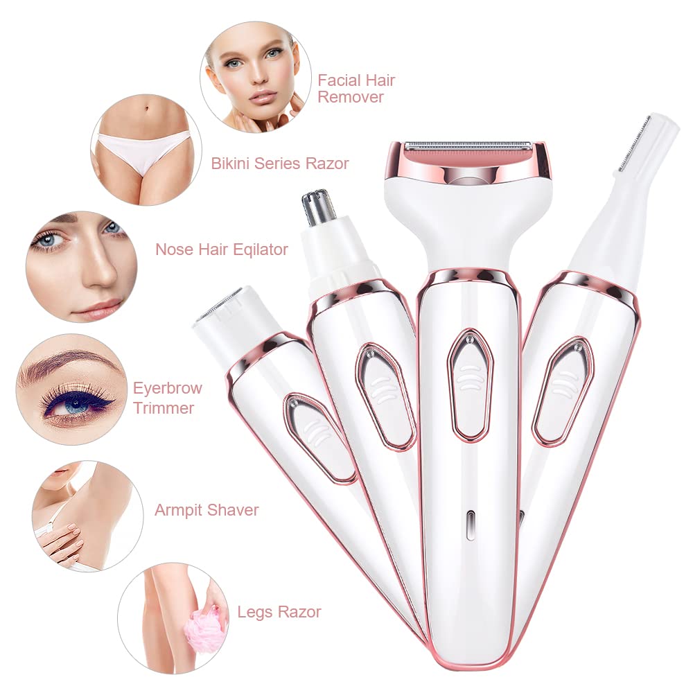 ACWOO Cordless 4 in 1 Electric Lady Shaver for Women, Rechargeable Painless Razor Bikini Trimmer Wet and Dry Hair Removal for Face Legs Underarm Nose and Eyebrow