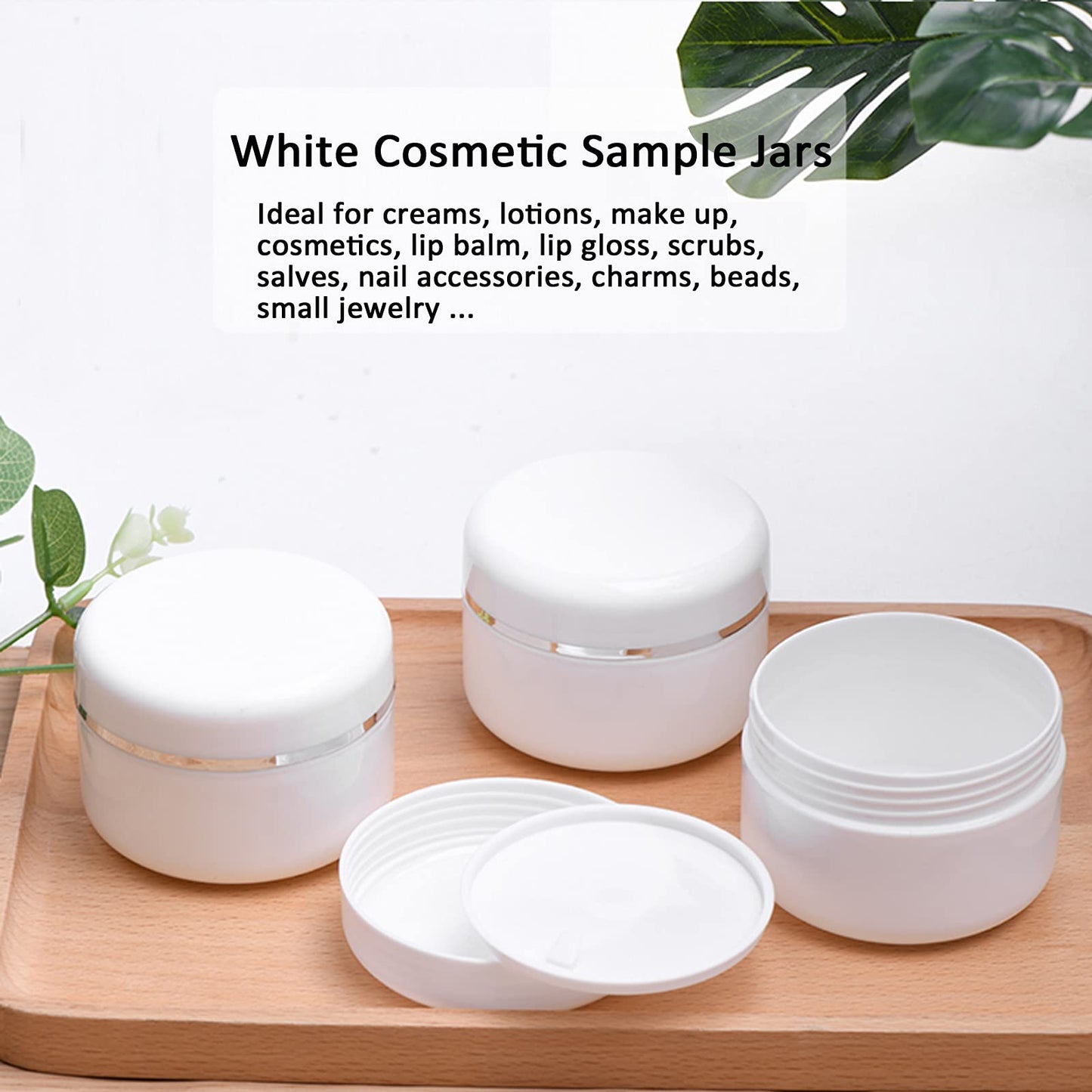 Alledomain 6Pcs 100ml/100g White Cosmetic Sample Jars with 3 Spatula & 6 Label, Plastic Refillable Travel Pot Containers with Silver Dome Lids & Inner Liners for Makeup Cream Beauty Nails 100g/100ml