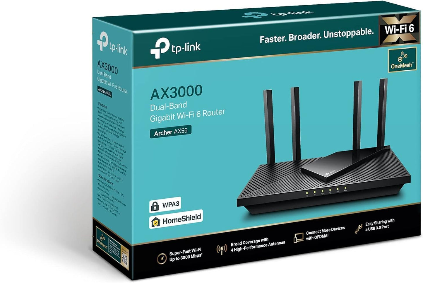 TP-Link Archer AX55 AX3000Mbps WiFi 6 Router, WiFi Router, Gigabit Ports, Internet Booster, WiFi Booster, Ultra-Low Latency, 160MHZ Bandwidth, EasyMesh, WPA3, Ideal for Gaming, Compatible with Alexa AX3000 Mbps WiFi6 Gigabit