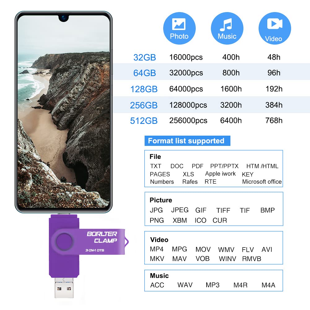 256GB USB 3.0 Flash Drive 3 in 1 Photo Stick for Android Phones, BORLTER CLAMP OTG Memory Stick with 3 USB Ports (USB C, microUSB, USB-A) for Samsung Galaxy, Tablet, PC and More (Purple) 256GB Purple