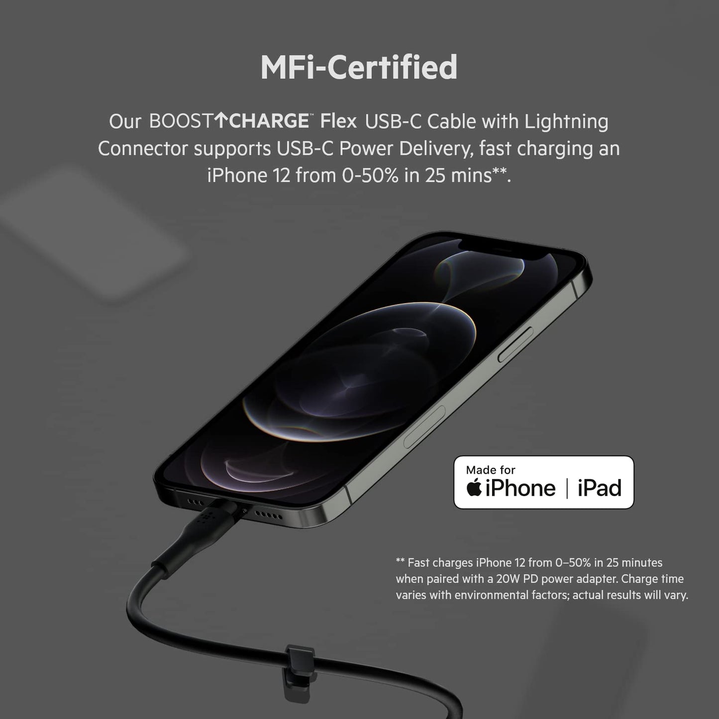 Belkin BoostCharge Flex Silicone USB Type C to Lightning Cable (2M/6.6ft), MFi Certified 20W Fast Charging PD Power Delivery for iPhone 14/14 Plus, 13, 12, Pro, Max, Mini, SE, iPad and More - Black 2M