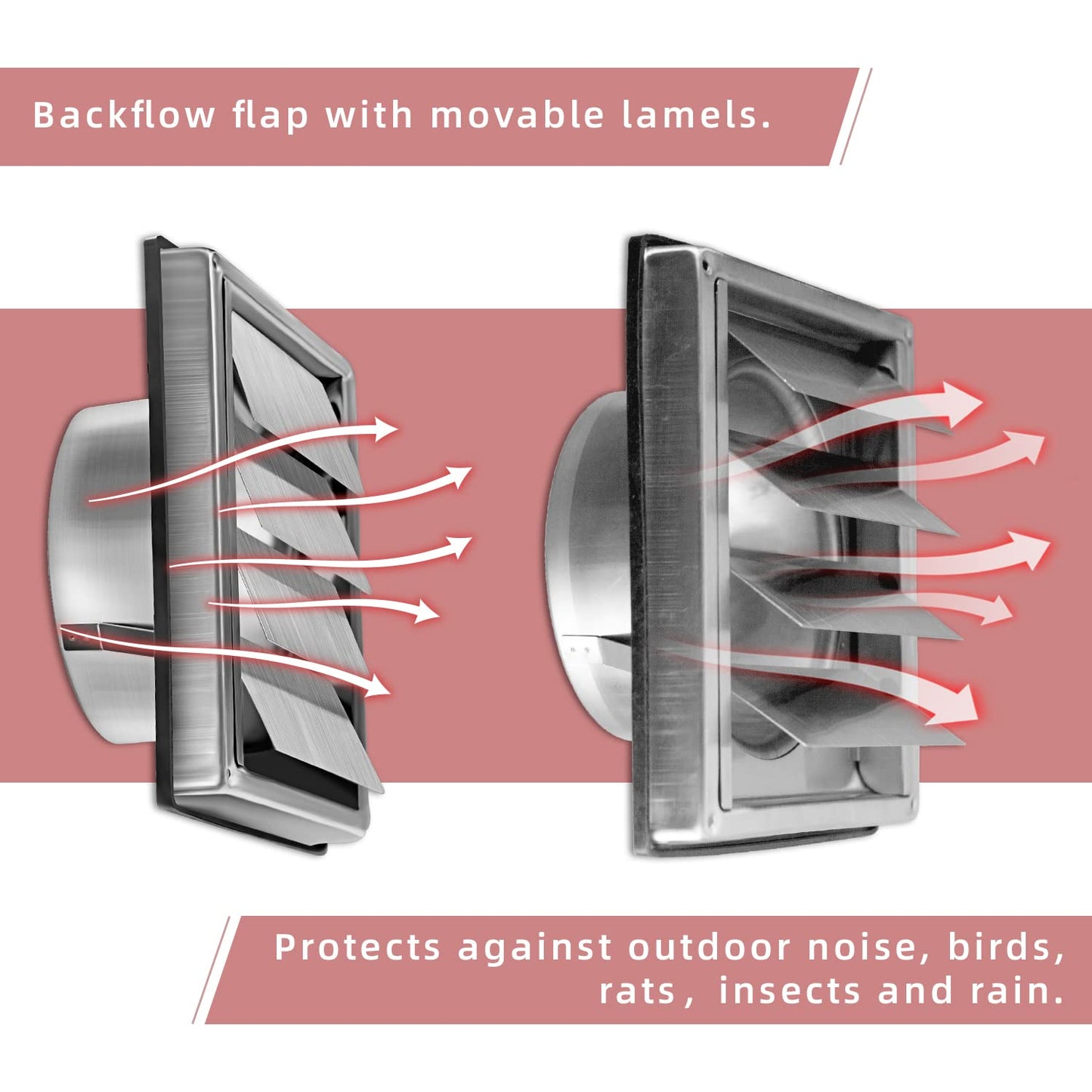 WeCooper 304 Stainless Steel Gravity Grille 100mm 4 inch Ducting Air Vent Cover with Not-Return Shutters 100mm 4-Inch Louver