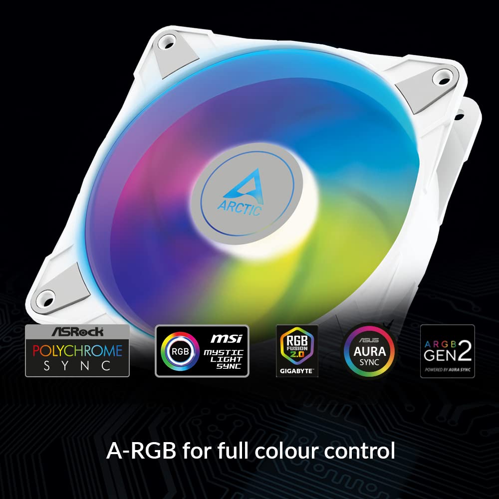 ARCTIC P14 PWM PST A-RGB - PC Fan, 140mm Fan, PC Case Fan, Optimised for Static Pressure, Semi-Passive: 200-1900 rpm (0 rpm <5%), 5V 3 Pin A-RGB LED, Single Fan - White