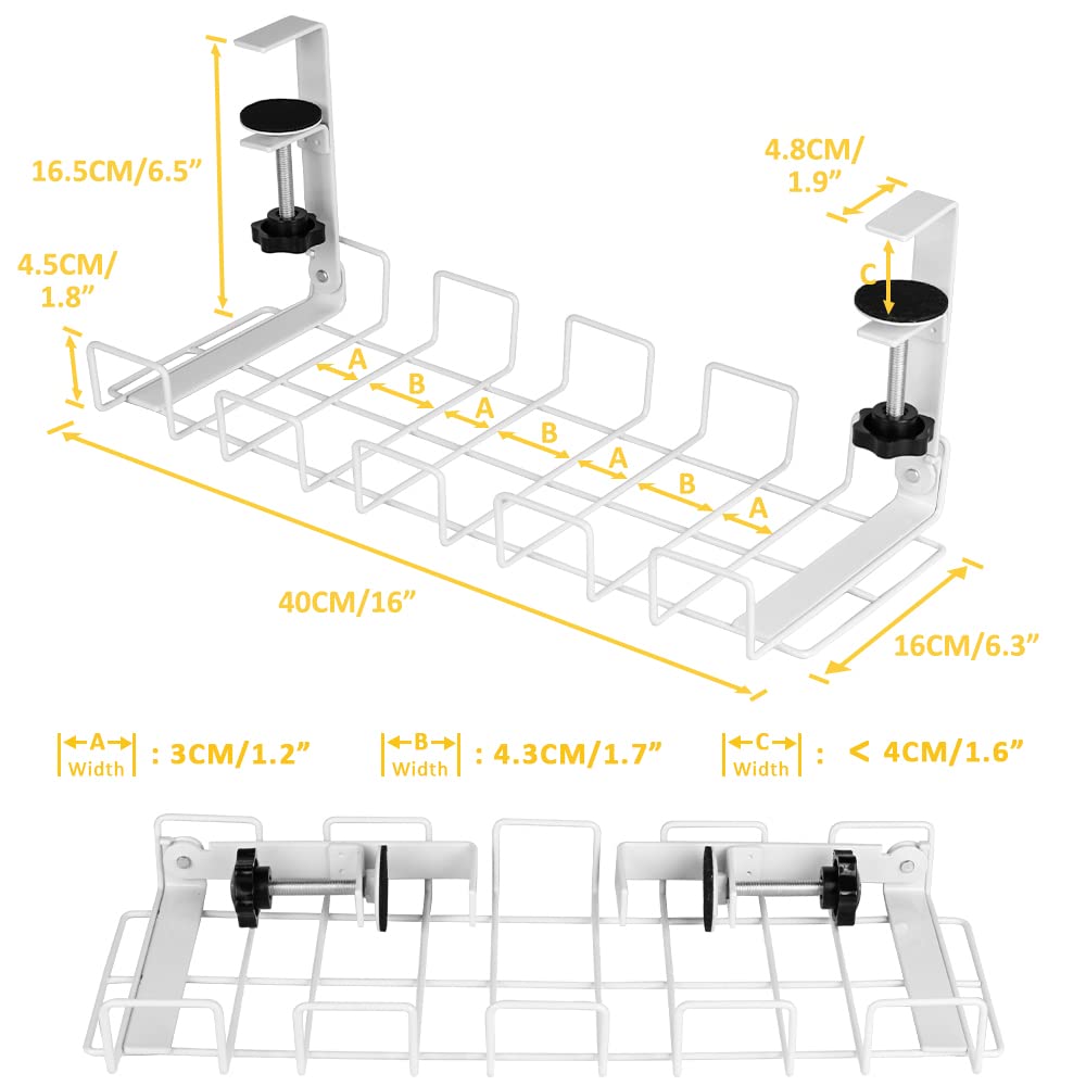 Baskiss 2 Packs Cable Management Tray, 40 cm Under Desk Cord Organizer with Clamp Mount for Wire Management, Foldable Handle Metal Holder for Desks, Offices, Kitchens, No Need to Drill Holes (White) White