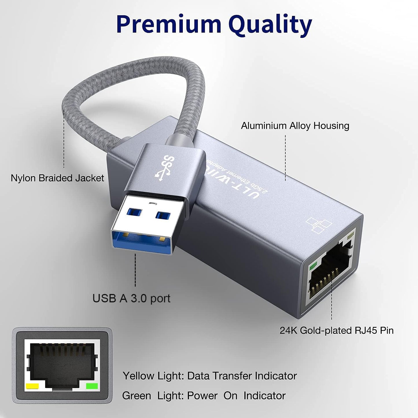 ULT-WIIQ-USB 2.5G Ethernet Adapter, USB 3.0 to RJ45 2.5GbE LAN Gigabit Network Adapter with 2500Mbps Full Speed for MacOS, Windows, Linux, Dell XPS, Surface Pro, Laptop, Tablet, Synology NAS and PC USB A