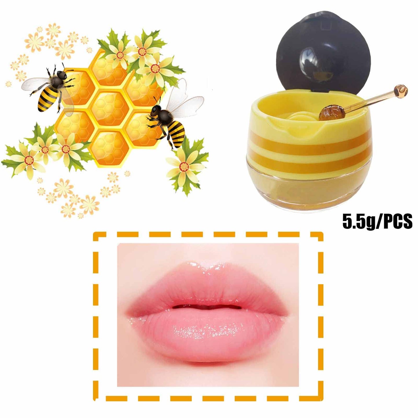 2PCS Bee Lip Balm Honey Pot, Honey & Strawberry Propolis Moisturizing, Hydrating & Prevention Dry and Cracked Lip Scrubs Exfoliator (A) A