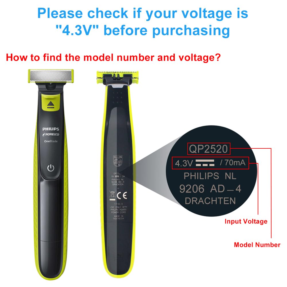 4.3V for Philips One Blade Charger A00390 Cable UK Plug, Replacement Philips Oneblade Trimmer Shaver QP2520, QP2620, MG3740, MG5730, MG5720, MG3720, MG3722, MG3730, BT3206, BT3208