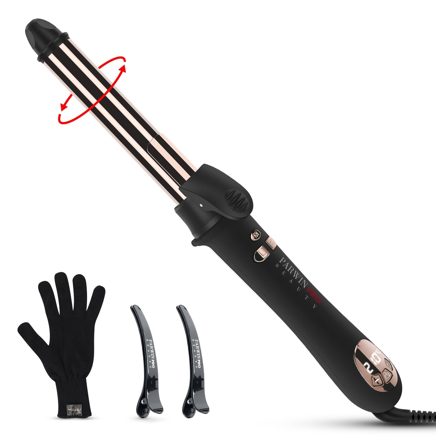 360° Rotating Automatic Hair Curler, PARWIN PRO BEAUTY 25MM Hair Curling Wand, Nano Titanium Coating Curling Tongs, Rotating Curling Iron with LCD Display, 120-210℃ 25MM Hair Curler