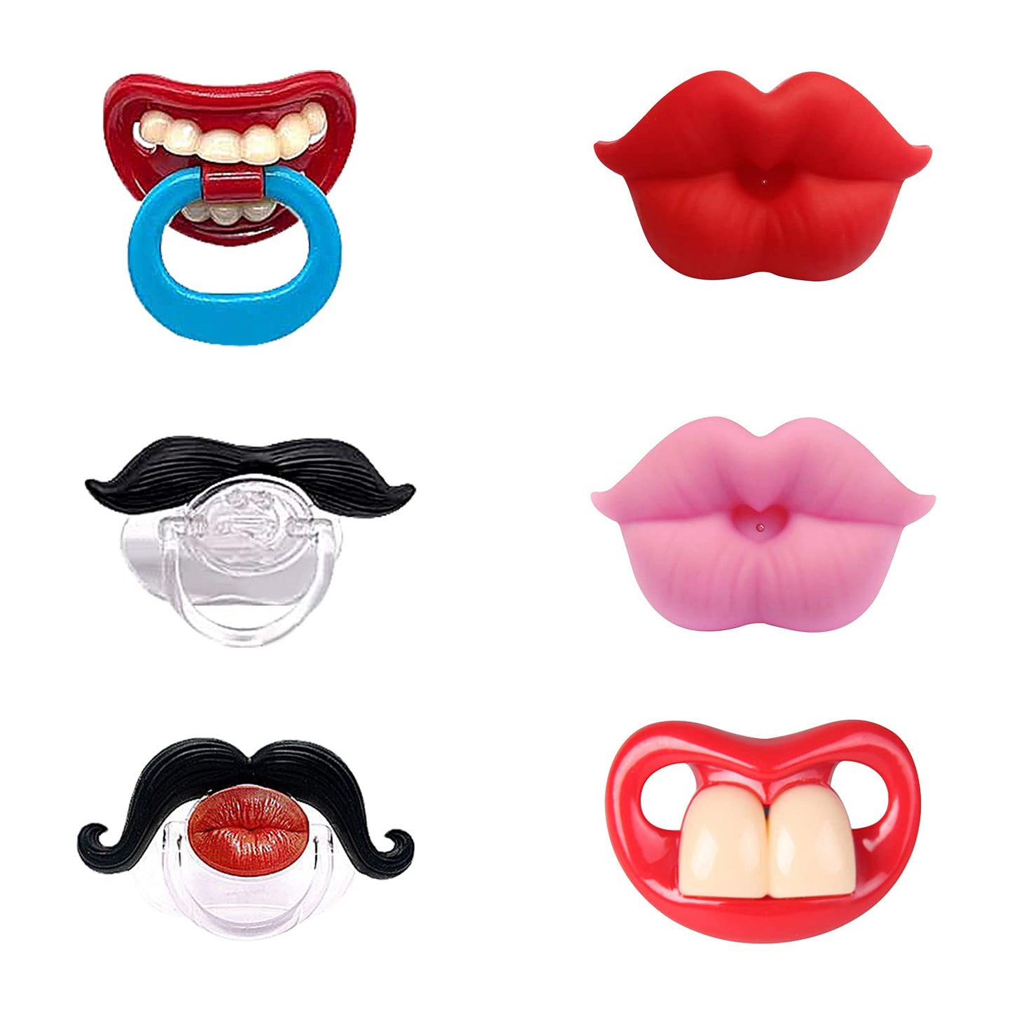 Upriver 6Pack Baby Funny Pacifier Cute Kissable Lips and Gentleman Mustache Teeth Pacifier, Soft Silicone Pacifier for Babies and Toddlers Shower, No BPA 6 pcs