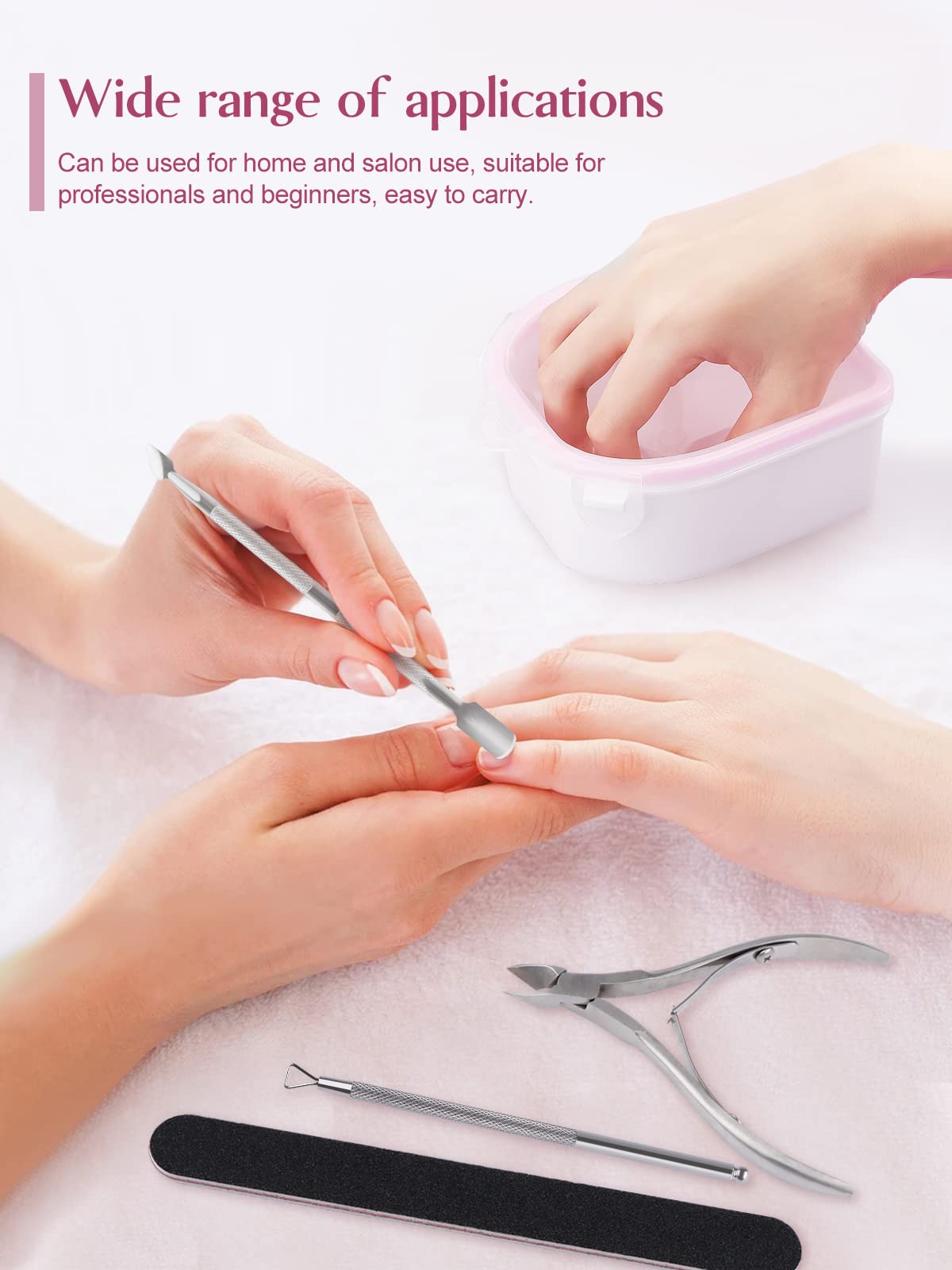 8PCS Nail Soaking Bowls, Kalolary Soak Off Bowl Nail Soak Tray Nail Polish Remove Wash Manicure Spa Tool with Cuticle Peeler, Cuticle Pusher, Nail Files, Brush and Nipper for Home and Salon Use (Pink) Pink