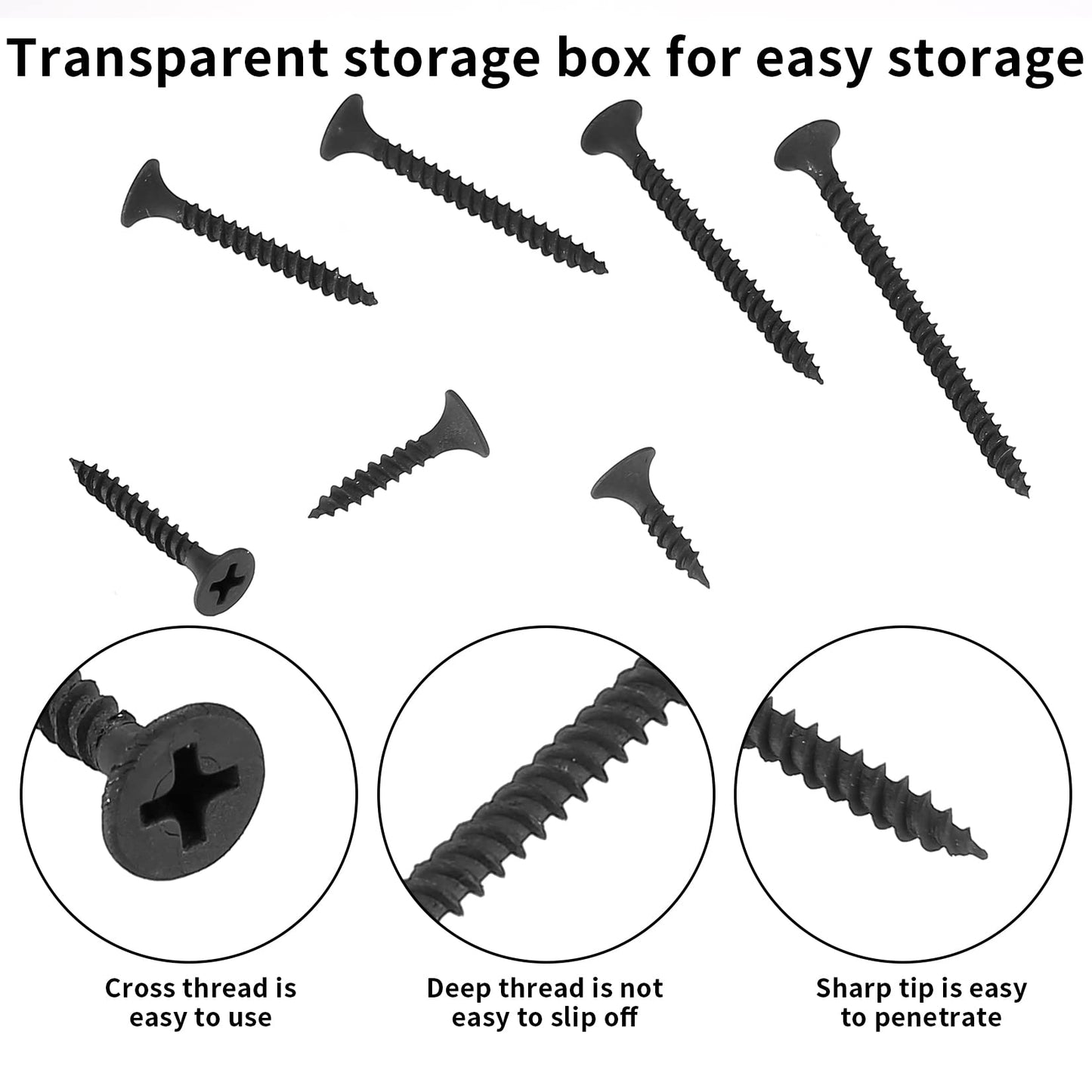 XKQYX 220 Pcs Self Tapping Wood Screws, M3.5 Black Flat Cross Head Self Drilling Screws, Drywall Machine Screws Assortment Kit for Drywall, Furniture, Wood Screws - 16mm/20mm/25mm/30mm/35mm/40mm/50mm Black-M3.5*220