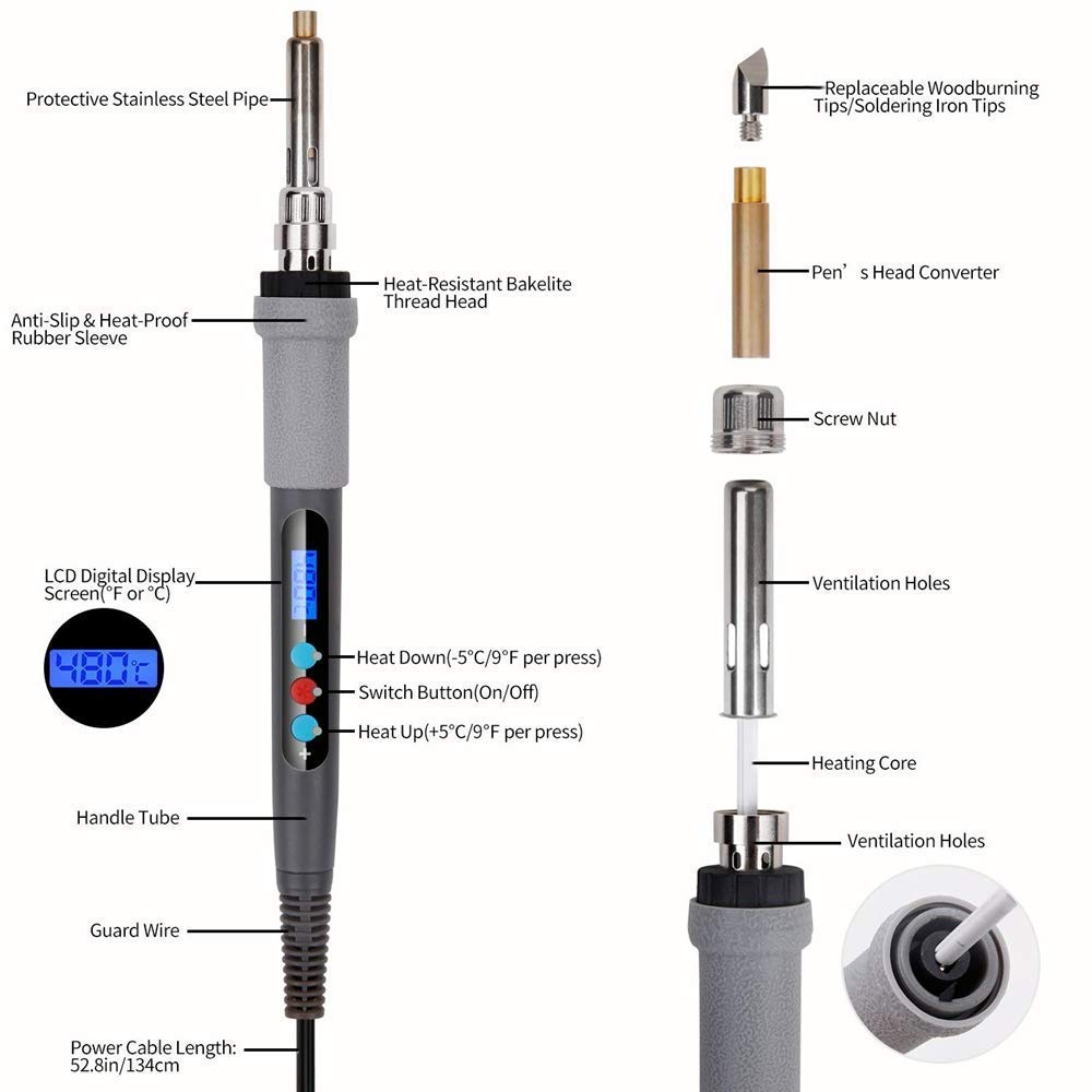 Wood Burning Kit 77Pcs, 60W LCD Adjustable Temperature Soldering Pyrography Wood Burning Set Tool Pen and Accessories,Graphics, Soldering Irons,woodburning Embossing Carving…