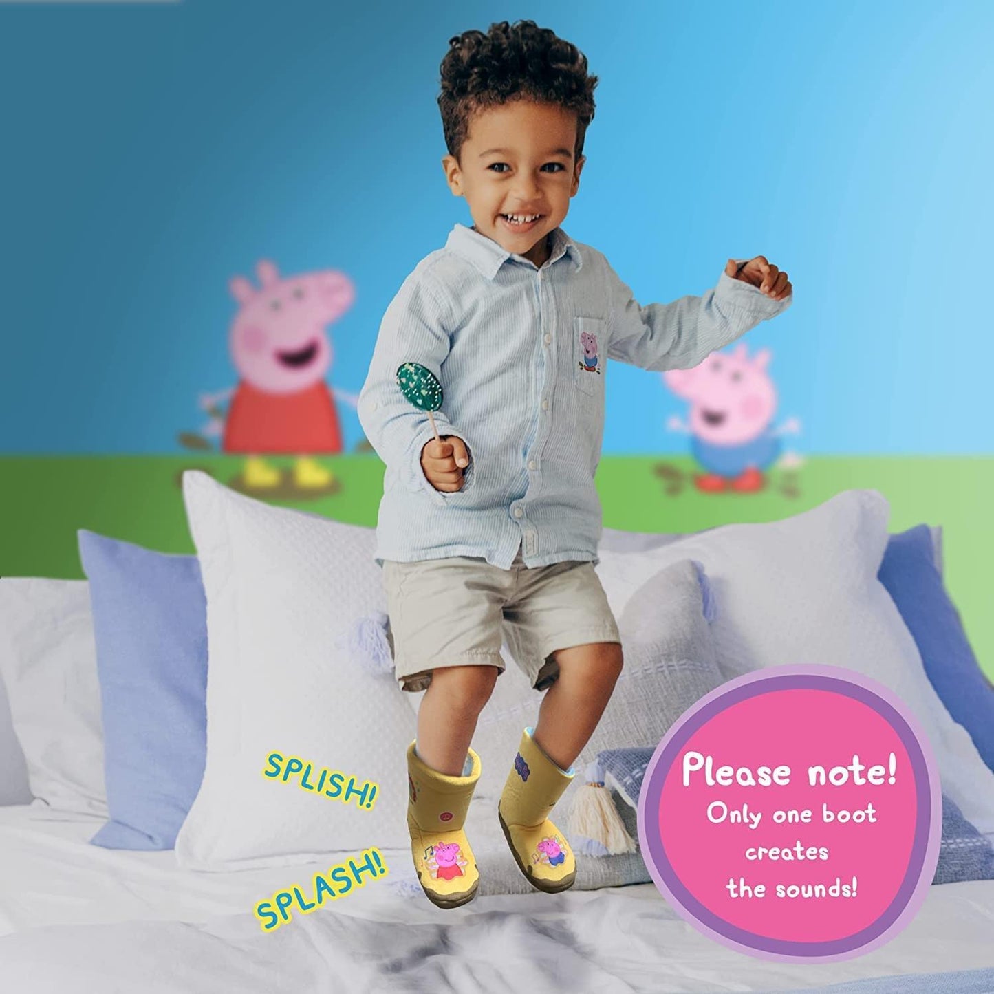 WOW STUFF Peppa Pig Toys Muddy Puddle Boots, Interactive Wearable Yellow Wellies with Sound and Music activated as you Walk or Run, Ideal active role play and dress up for Toddlers Single