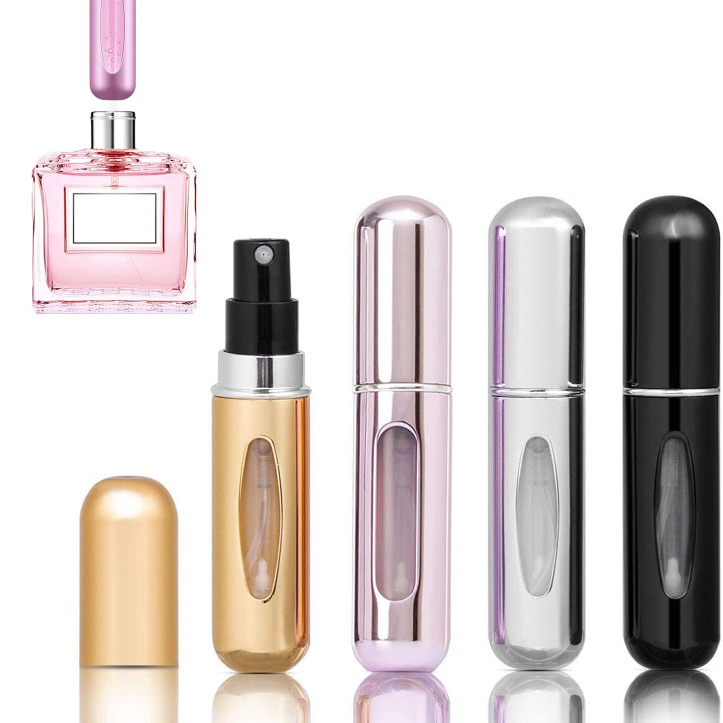 4PCS 5ml Perfume Atomiser Refillable Bottles Portable Mini Spray Travel Bottle Easy to Refill Empty Atomizer Bottle for Purse Handbag Pocket Luggage,Bright Color Black,gold,silver,pink