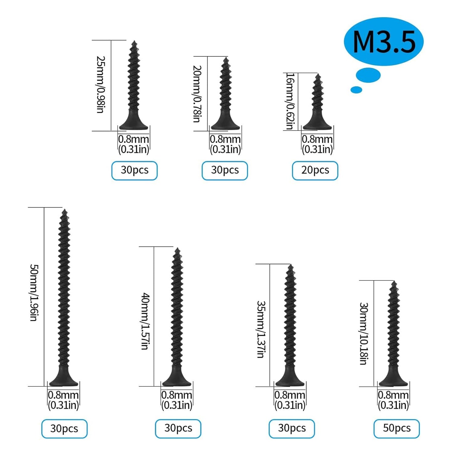 XKQYX 220 Pcs Self Tapping Wood Screws, M3.5 Black Flat Cross Head Self Drilling Screws, Drywall Machine Screws Assortment Kit for Drywall, Furniture, Wood Screws - 16mm/20mm/25mm/30mm/35mm/40mm/50mm Black-M3.5*220