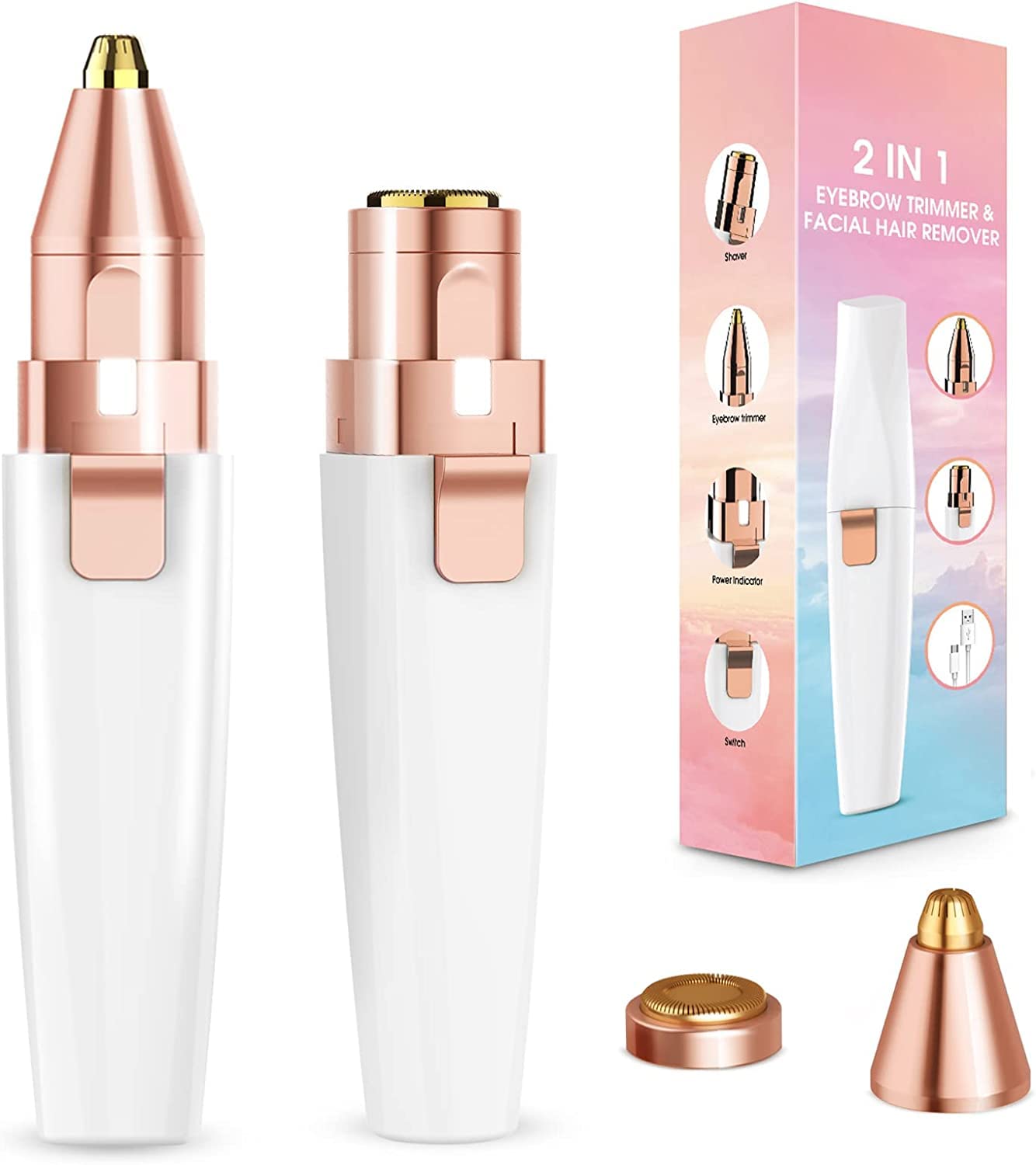 AnyFace Facial Hair Remover & Eyebrow Trimmer for Women, Rechargeable 2 in 1 Face Eyebrow Nose Trimmer with LED Light, Flawless Painless Hair Remover Milk White