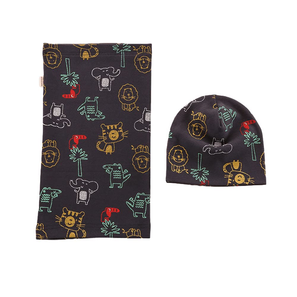 Uniyoung Baby Boys Cotton Beanie Hat and Collar Scarf Set Kids Toddler Warm Skull Cap Scarves Neck Warmer for Spring Autumn Winter Lions 3-6 Years