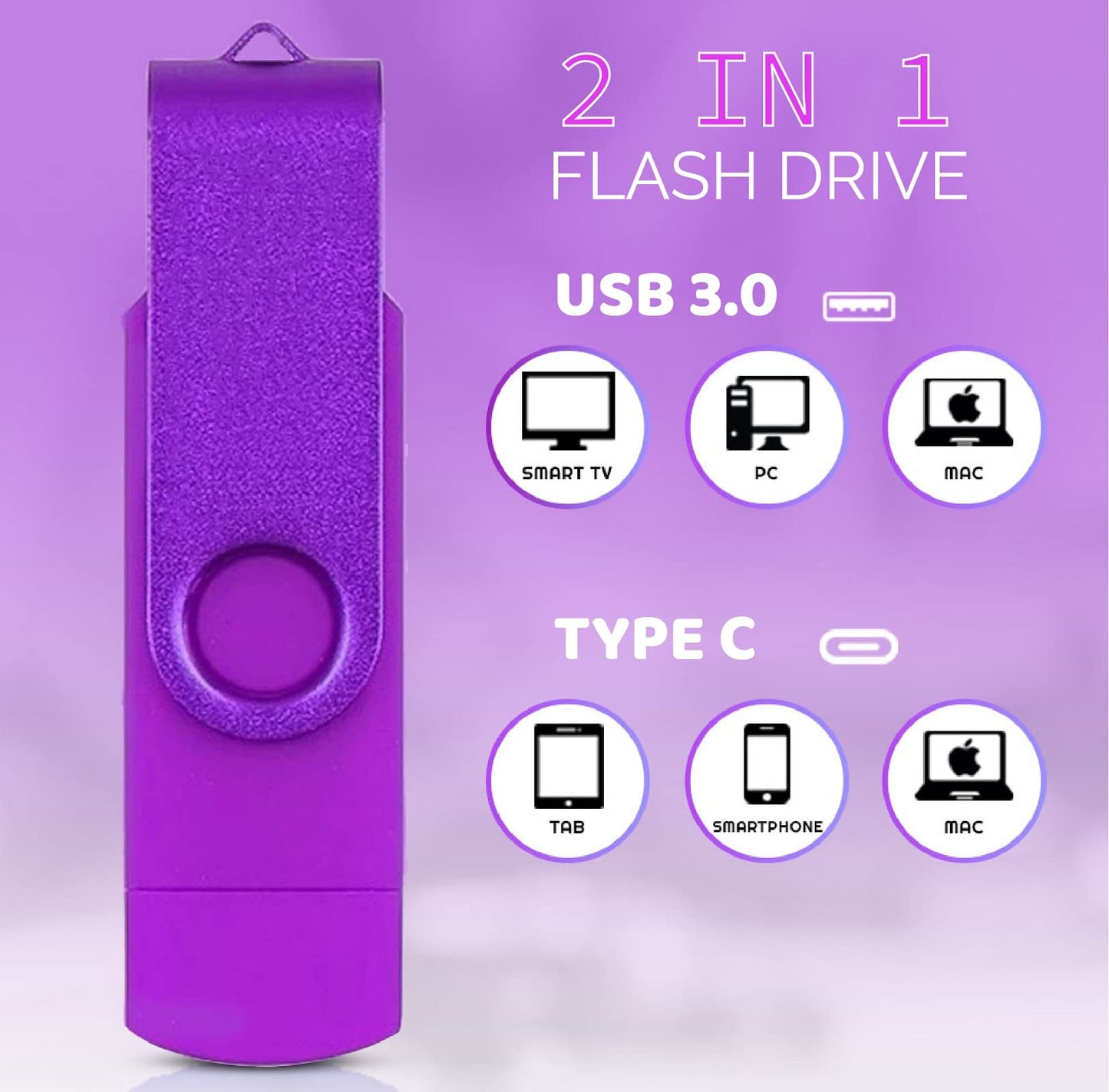 Vixelle 16GB High Speed USB 3.0 Type-C Flash Drive with Lanyard - 360° Swivel Pen Drive with Keychain Loop - 2in1 Dual USB C Memory Stick - 16GB USB Stick for Smartphone, Tablet & Computer - Purple