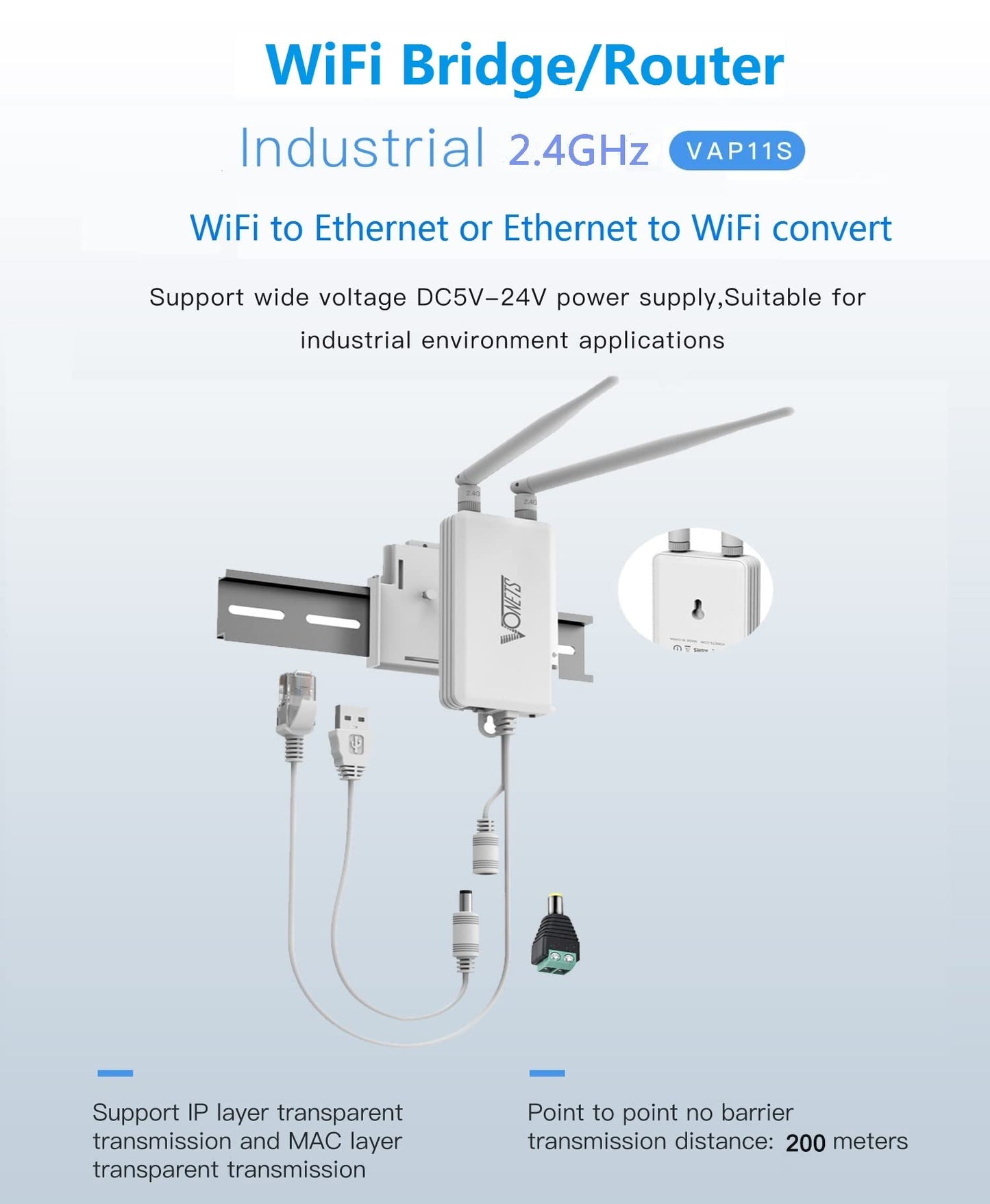 VONETS WiFi Bridge Ethernet/Mini Wireless Router/WiFi to Ethernet, DC Powered, 2 RJ45 Ports for DVR, IP Camera, Industrial PLC, AGV, PS3, Network Devices VAP11S 2.4G