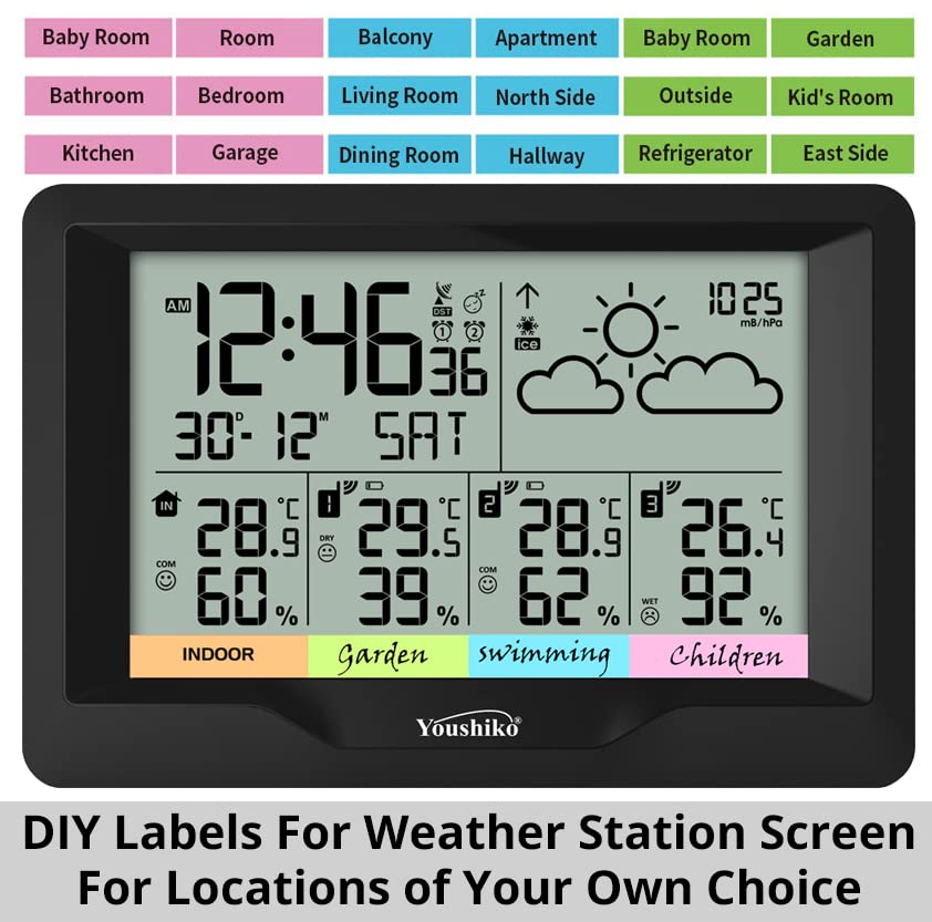 Youshiko (Official 2025 UK Version), 3 x Wireless Sensors Weather Station, Radio Controlled Clock Temperature Thermometer Humidity, Barometric Pressure Large / Console Size: 15.8 x 11.2 cm