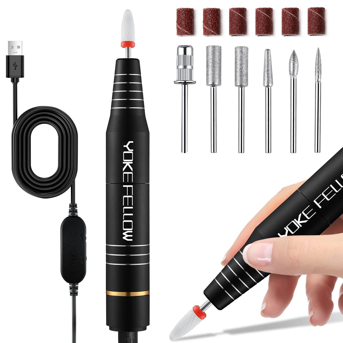 Yokefellow Efile Nail Drill Protable,30000RPM USB Electric Nail File Machine Polishing Tools Manicure Pedicure Kit Professional Removing Acrylic Gel Nails with 6 Drill Bits Black