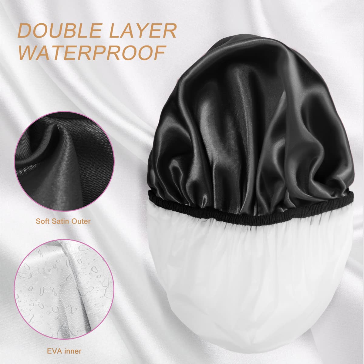 Aquior Shower Cap, Extra Large Shower Cap for Men, Satin EVA Double Layer Waterproof Reusable Hair Cap for Women Long Hair(All Black 4 Pack) All Black