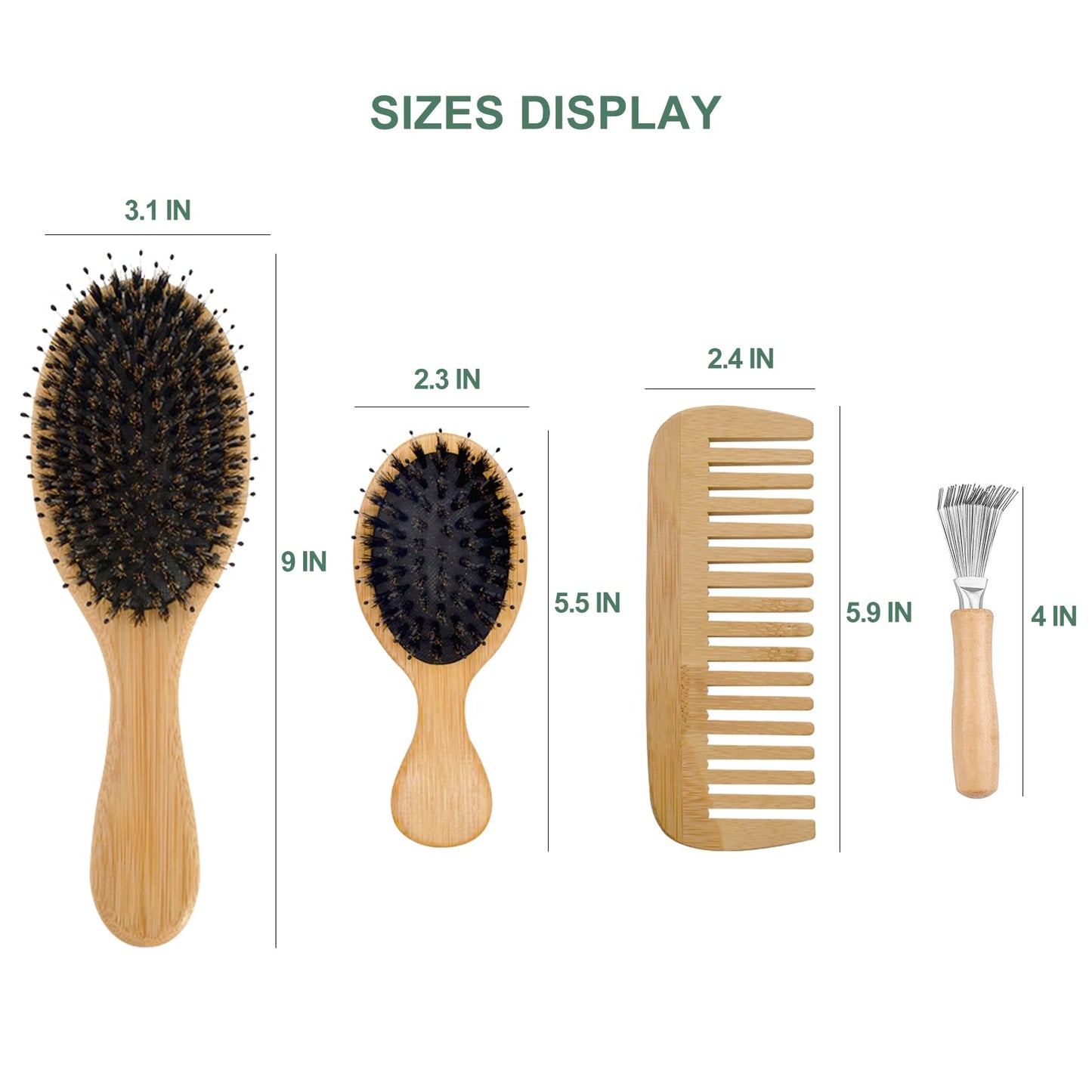 4 Pieces Bamboo Hair Brush, Boar Bristle Hair Brush, Professional Bamboo Paddle Brush for Hair Detangling and Detangling, Suitable for Women, Men and Children, Gift Set for Hair/Curly/Dry