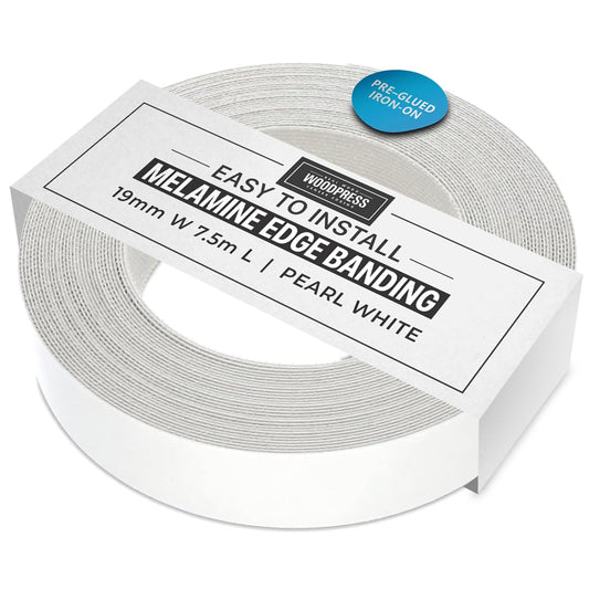 WoodPress® 19mm Pearlised White Melamine Edging, Pre-Glued Veneer Tape – 7.5m Roll - Iron-On for Easy DIY Application – Will Cover the Edge of a Standard MDF Panel Width: 19mm