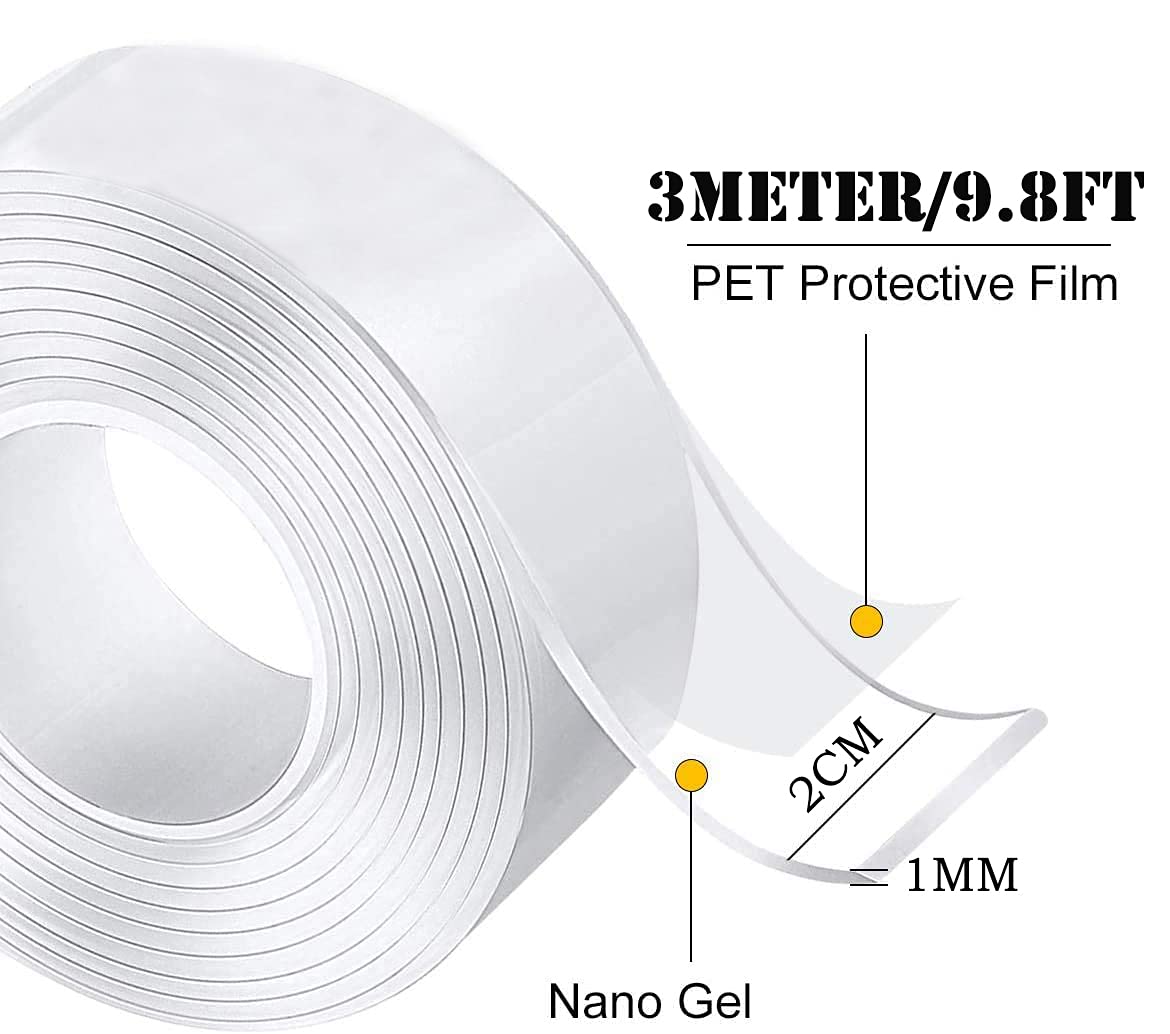 6M Nano Double Sided Tape Heavy Duty, Transparent Reusable Nano Adhesive Tape, Washable Traceless Strong Gel Tape for Carpet,Photos Posters 3 Meter * 2CM * 1MM - 2 Rollen