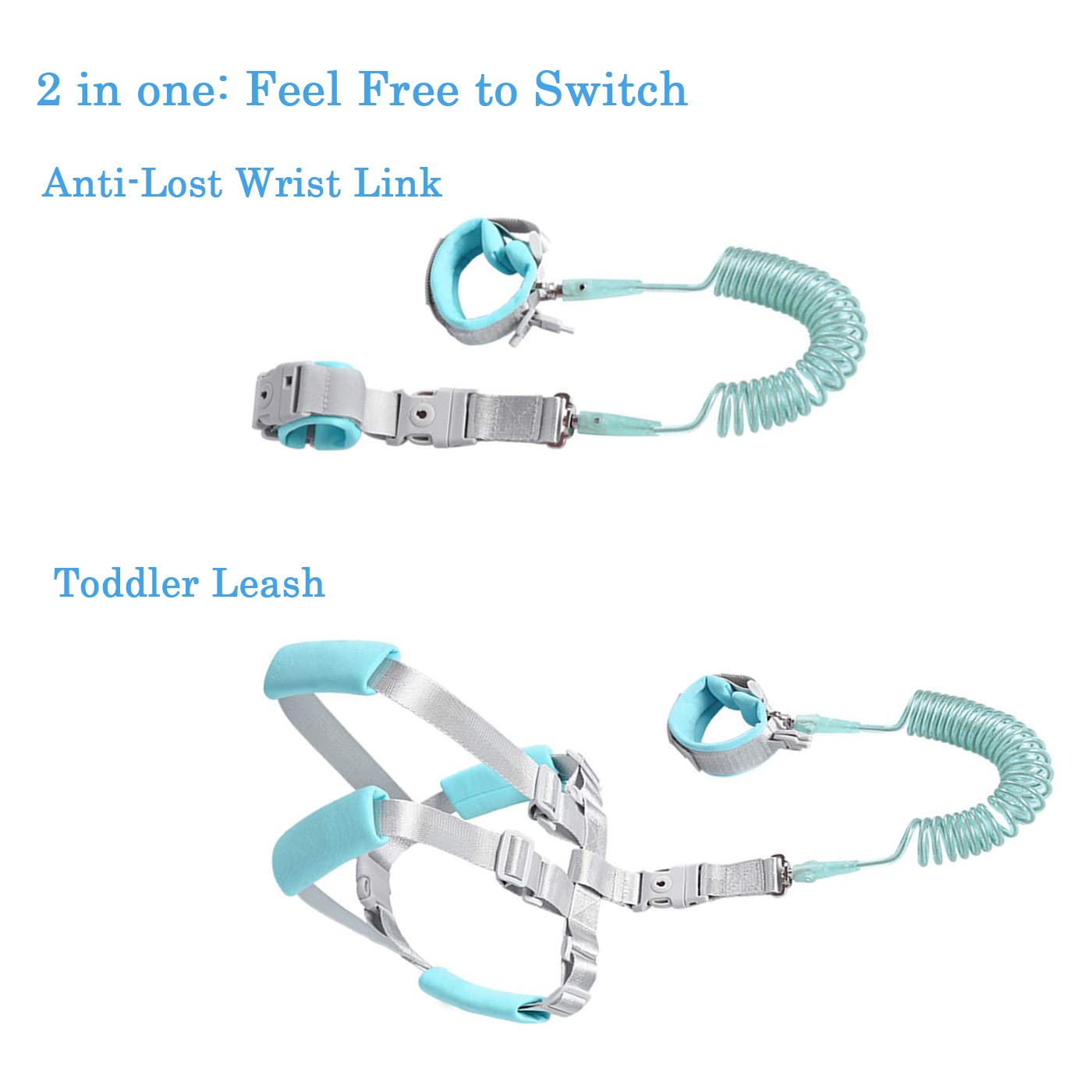 2 in 1 Child & Toddler Leash, Anti Lost Wrist Link for Toddlers, Safety Walking Harness & Reins, 2 m Wrist Link Belt | Adjustable | Not Easy to Open Without Key | for kids over 1 year old -Light Green