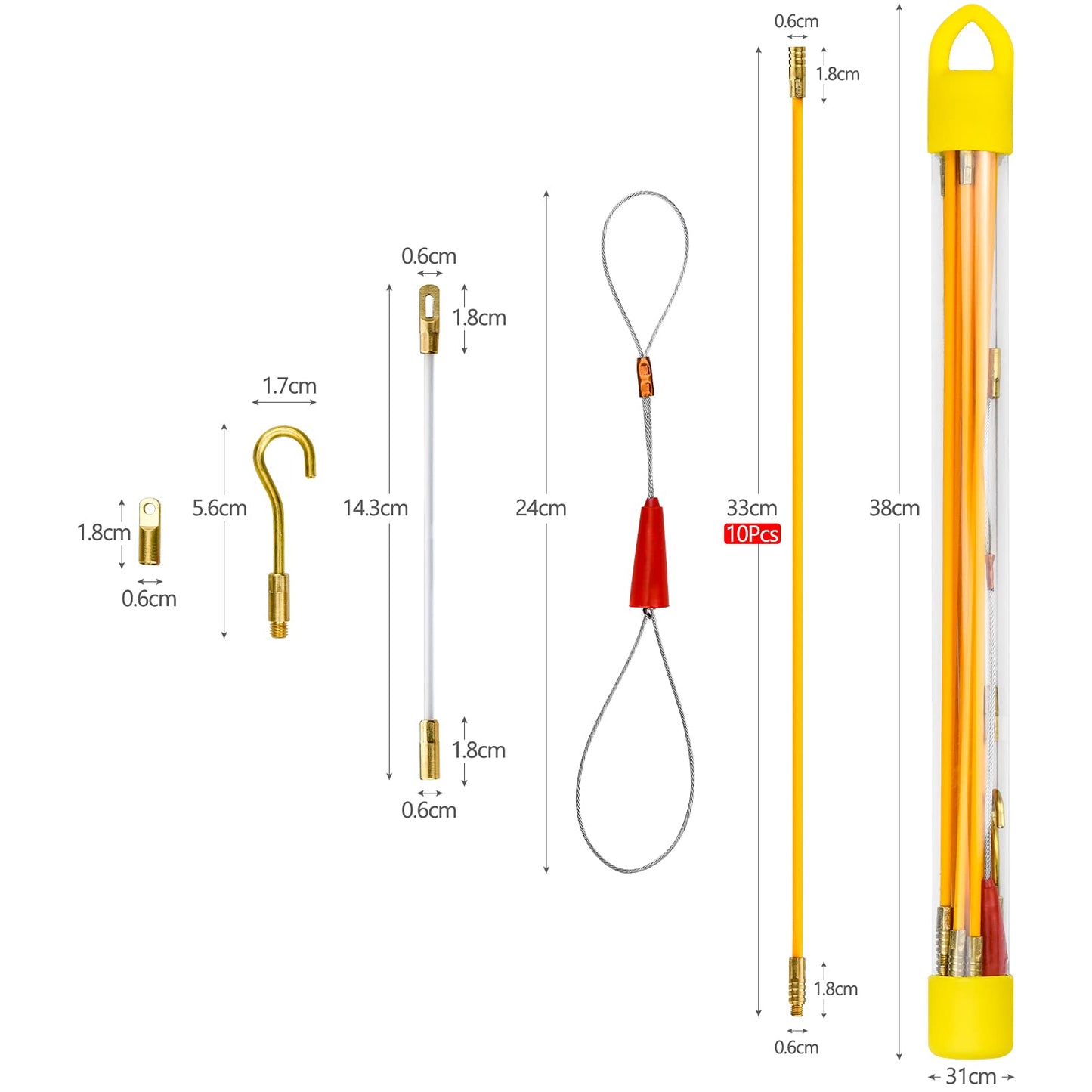 10 Rods 33cm Fiberglass Electrical Cabling Rods, Connectable Fish Tape Pull Kit with Hook and Hole Kit in Transparent Tube