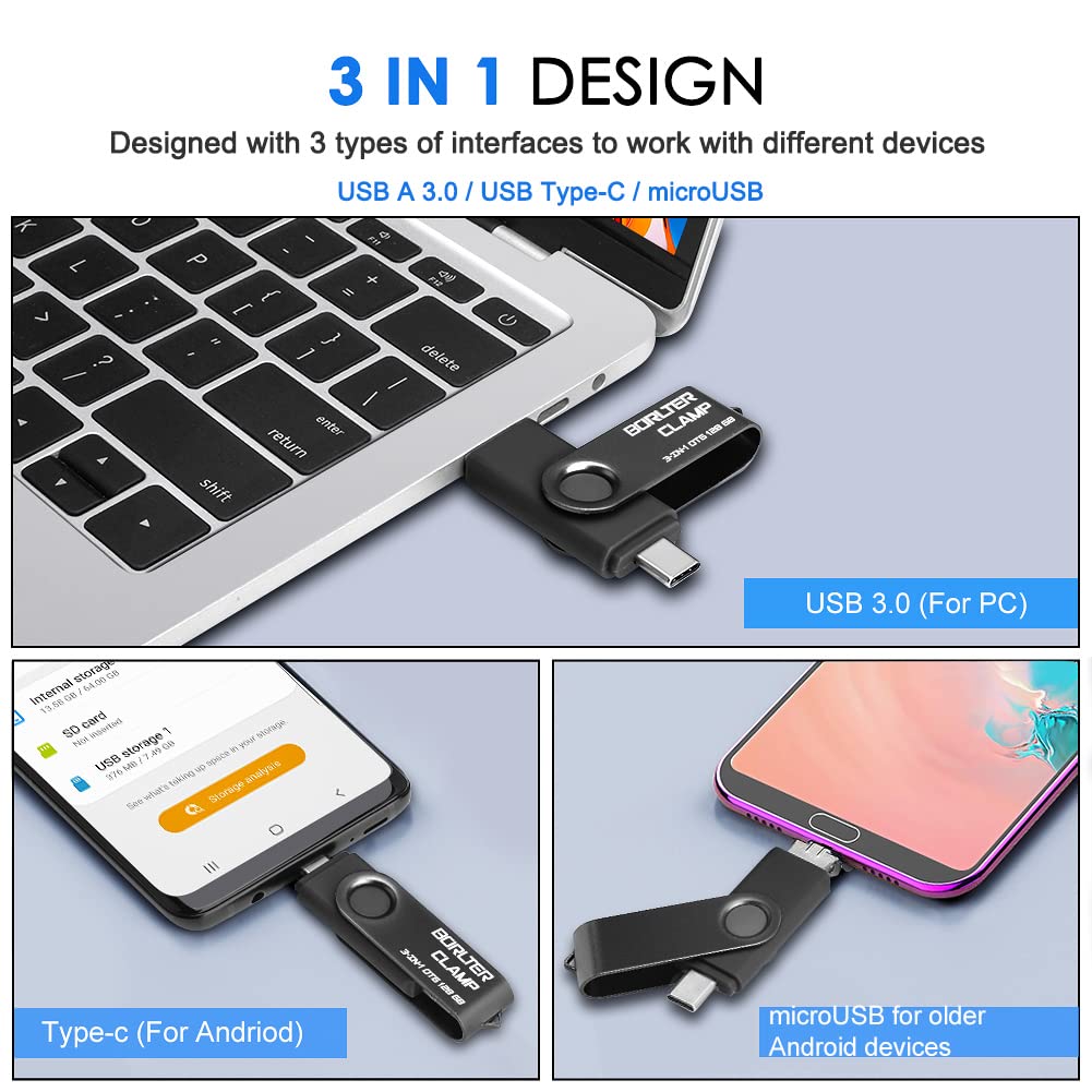 512GB USB 3.0 Flash Drive 3 in 1 Photo Stick for Android Phones, BORLTER CLAMP OTG Memory Stick with 3 USB Ports (USB C, microUSB, USB-A) for Samsung Galaxy, Tablet, PC and More (Black) 512GB Black