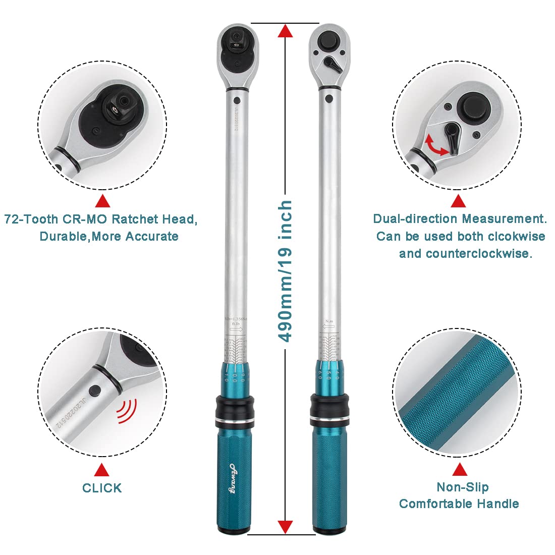 Awang Torque Wrench Set 1/2", 40-220 Nm Car Motorcycle Torque Wrench Set, ± 3% Accuracy, 72 Teeth 1/2" 40-220nm