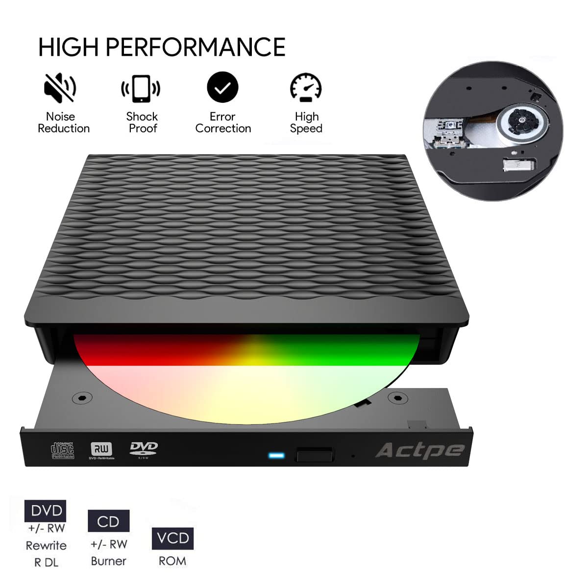 Actpe USB 3.0 External DVD Burner Writer Recorder CD/DVD ROM Player PC Optical Drive