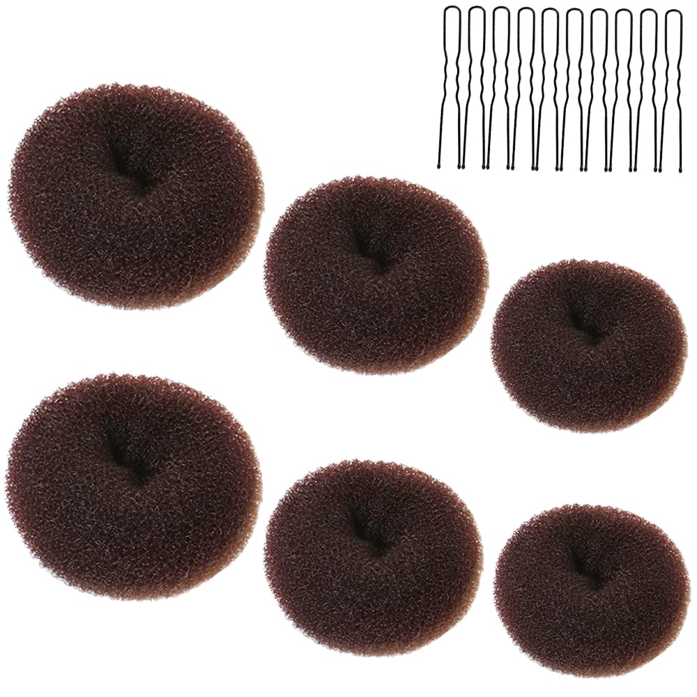 6 Pcs Hair Donut Hair Doughnut brown Bun Doughnut Brown Rings for Hair with 20 Pcs U-Shaped Hair Pins for Girls Kids and Women