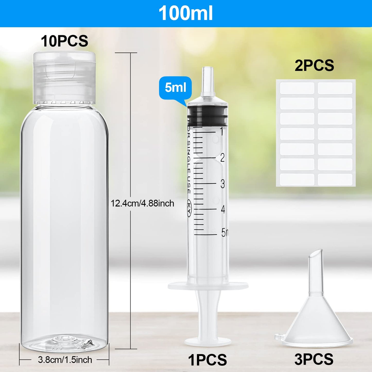 10Pcs Empty Travel Bottles Container Flip Cap Bottles Cosmetic Bottles with Funnels Syringe and Labels for Travel or Cosmetic(100ML)