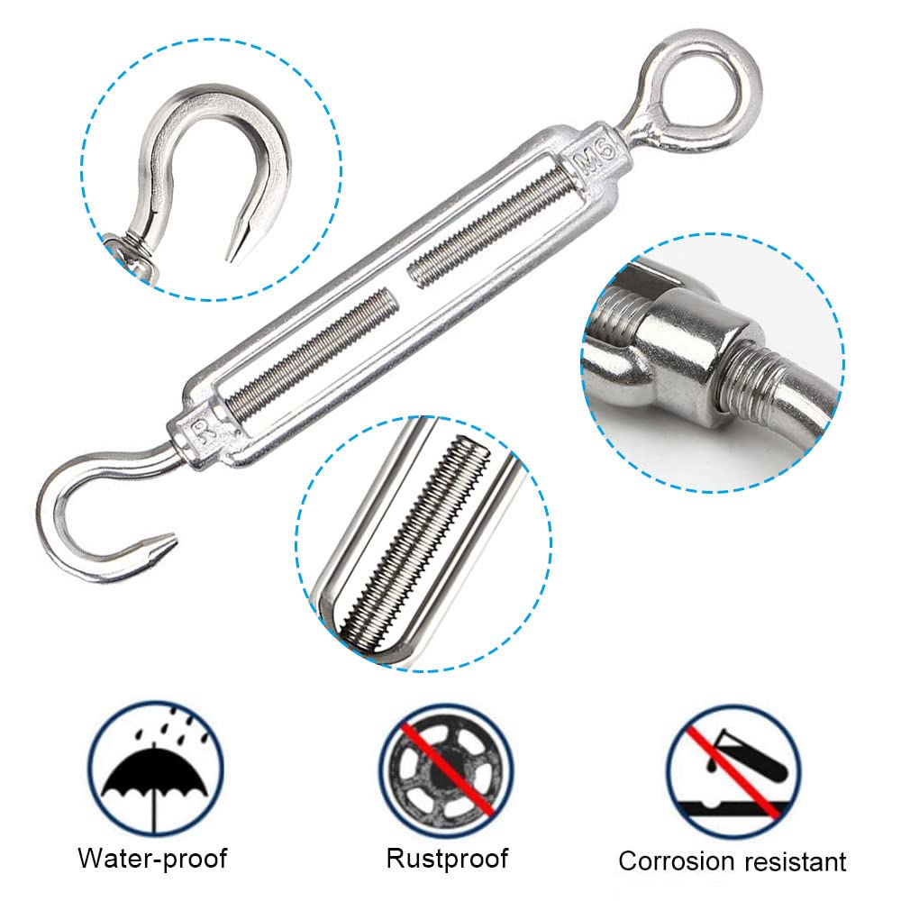 AFASOES Turnbuckle Wire Tensioner Stainless Steel Cable Wire Tensioner Kit with Wire Cable Clamp and Wire Rope Thimble for Clothesline, tension wire, outdoor String Light object Suspension (13 Pcs)