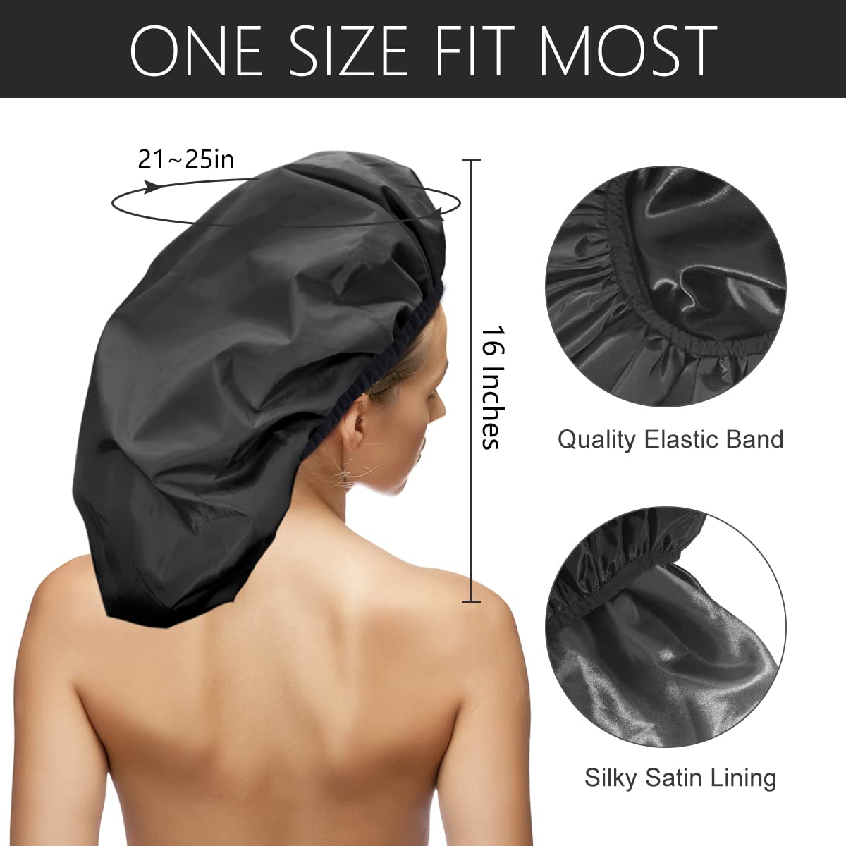 Auban Extra Large Shower Cap, Double-Layer Waterproof Reusable, XL Satin Lining Shower Bonnet for Women Thick, Long Hair, Locs, Braids(Black) Black