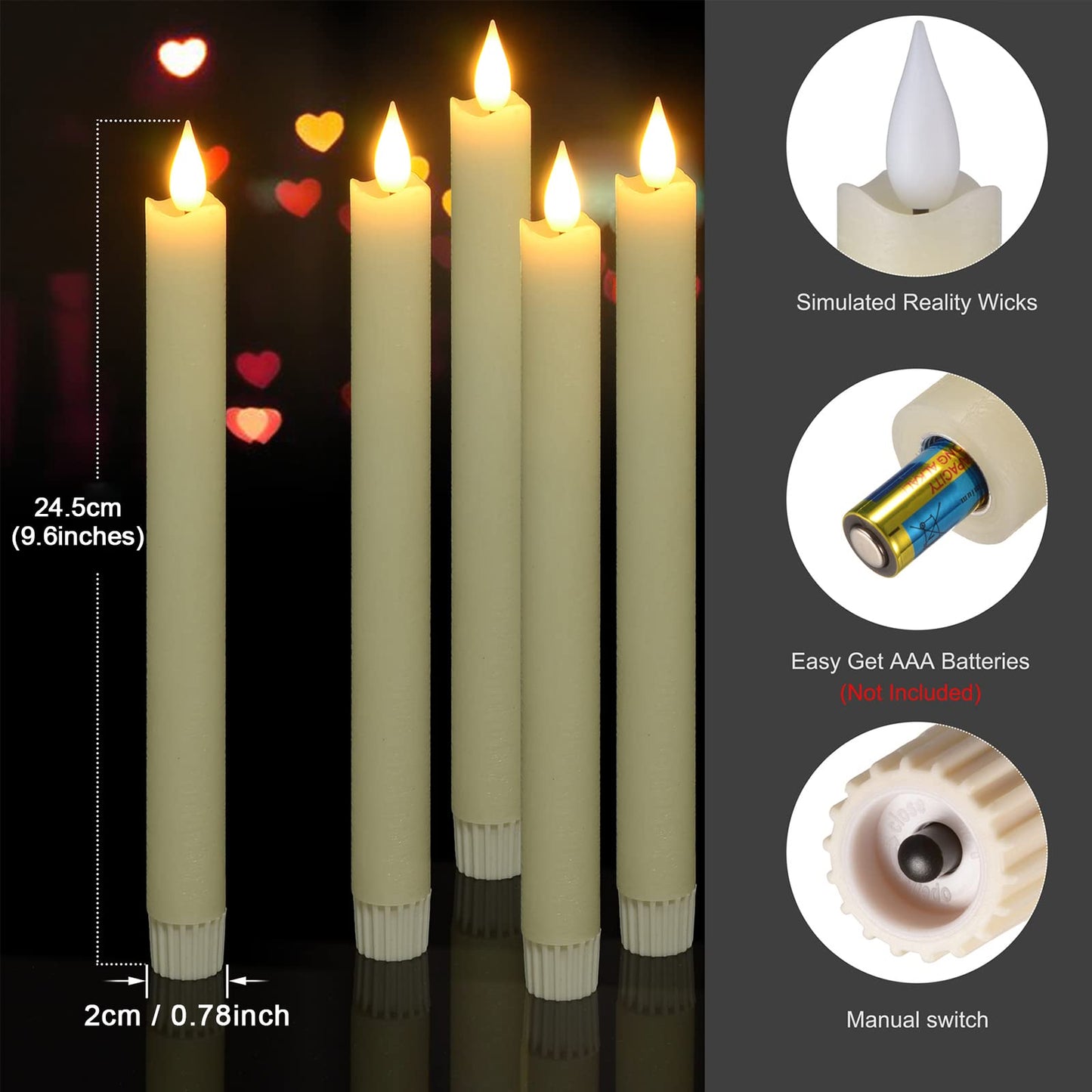 Ymenow LED Battery Operated Candles with Remote, 6pcs 24.5cm Long Fake Flameless Flickering Ivory Taper Candles in Real Wax with 2/4/6/8 Hours Timer for Dinner Halloween Christmas Room Window Decor