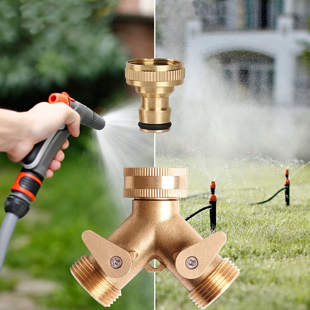 2 Way Tap Connector, Solid Brass Double Hose Connector for Outdoor Tap 2 Way Garden Hose Splitter Brass Manifold with 2 x 3/4 Inch Brass Water Tap Connection for Garden Irrigation