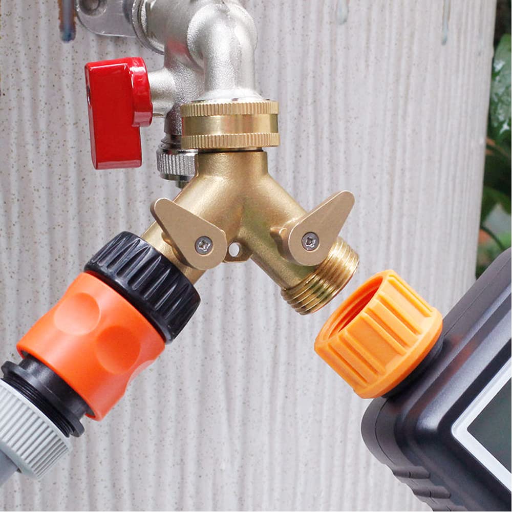 2 Way Tap Connector, Solid Brass Double Hose Connector for Outdoor Tap 2 Way Garden Hose Splitter Brass Manifold with 2 x 3/4 Inch Brass Water Tap Connection for Garden Irrigation