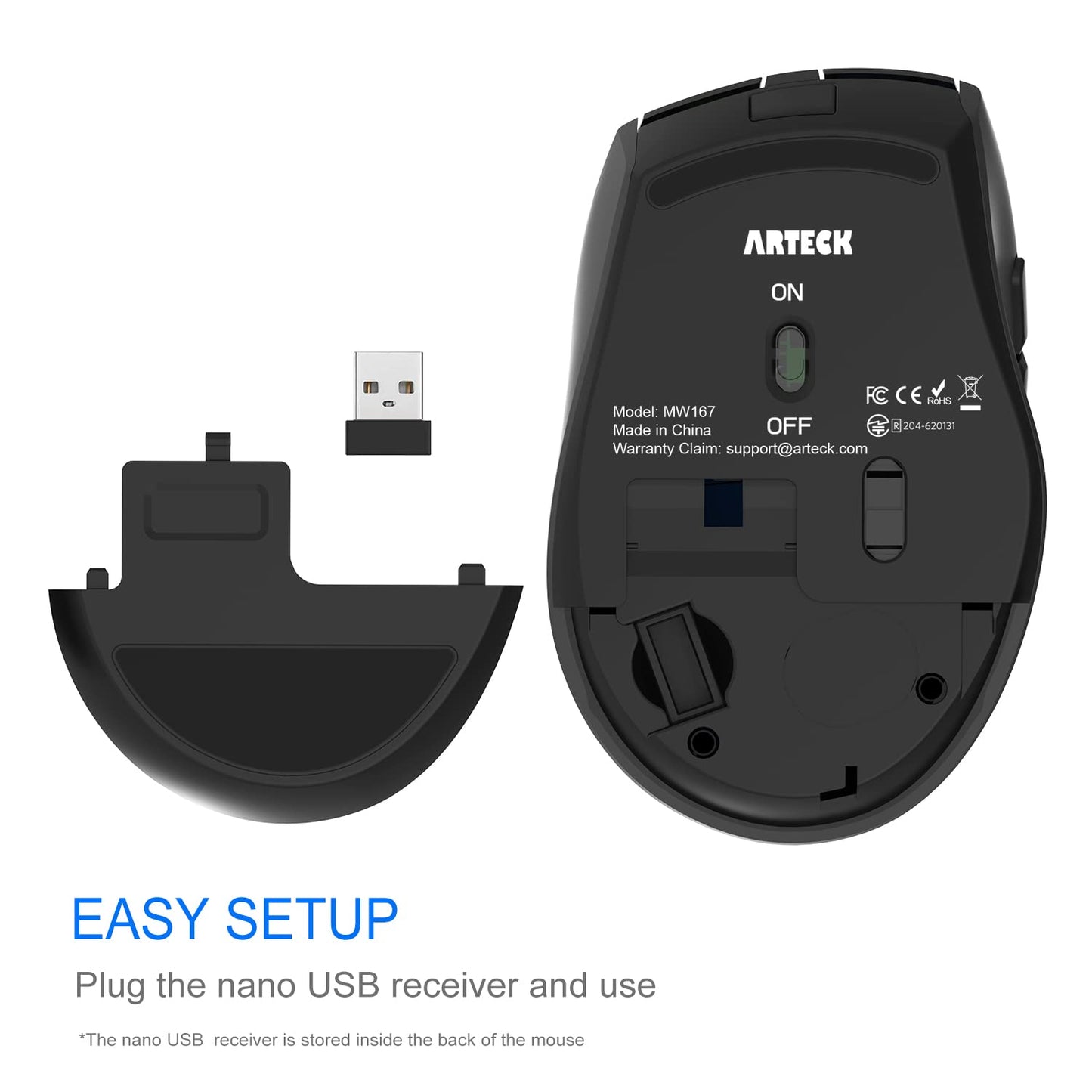 Arteck 2.4G Wireless Mouse with Nano USB Receiver Ergonomic Design Silent Clicking with Side Switch Buttons for Computer/Desktop/PC/Laptop and Windows 10/8/7 Build in Rechargeable Battery Black