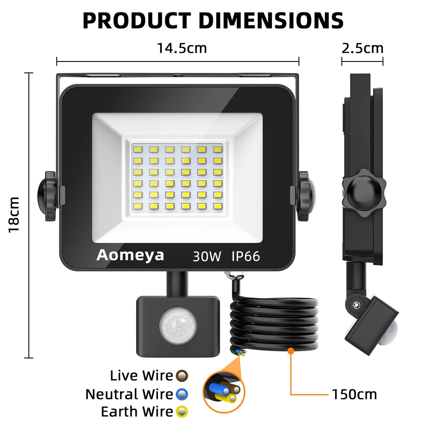 Aomeya Motion Sensor Outdoor Security Light, 30W 2750 Lumen LED Floodlights with PIR Sensor, IP66 Waterproof Motion Sensor Outdoor Wall Light with Remote Control for Garden, Backyard, Garage (30W)