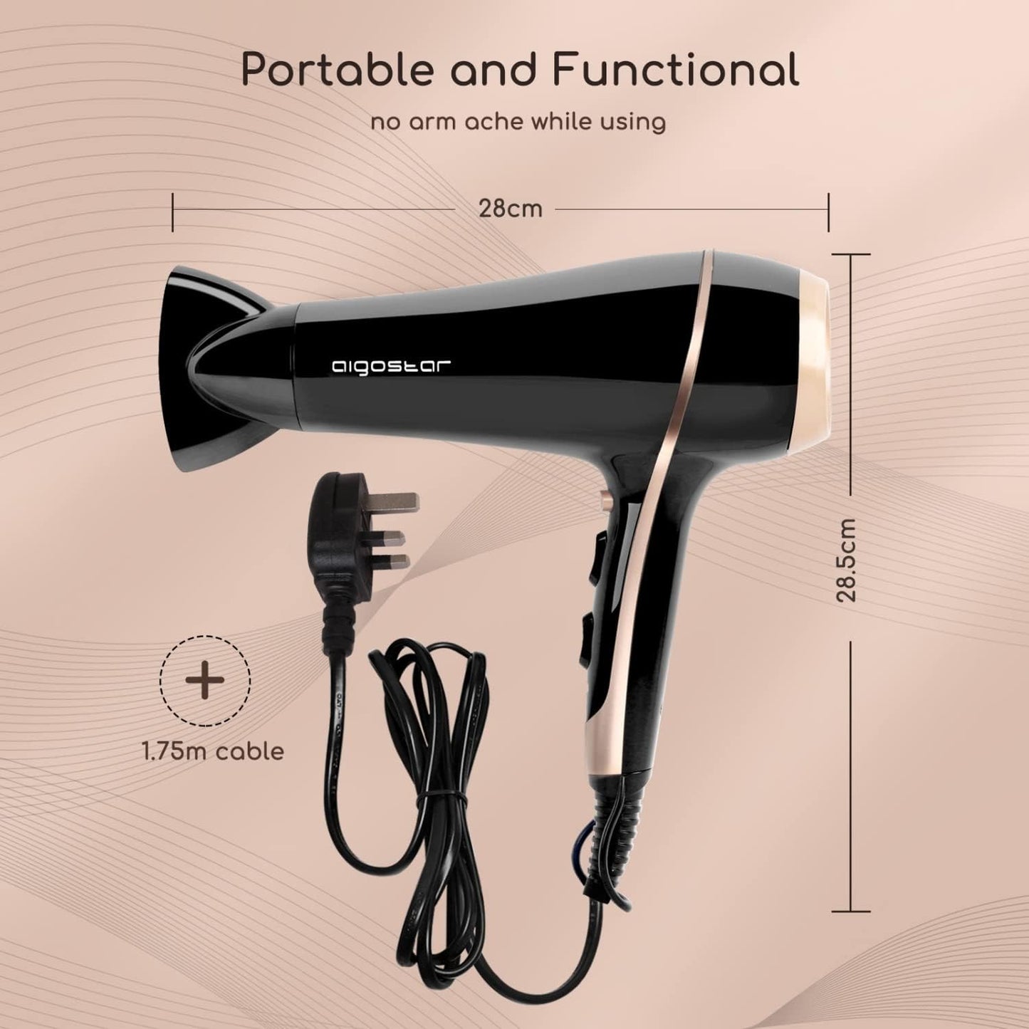 Aigostar Professional Ionic Hair Dryer 2400W, Negative Ion Hairdryer with Diffuser and Concentrator, 3 Heating 2 Speed Settings, Cool Shot Button, Fast Drying Blow Dryer - Lora 32YWY