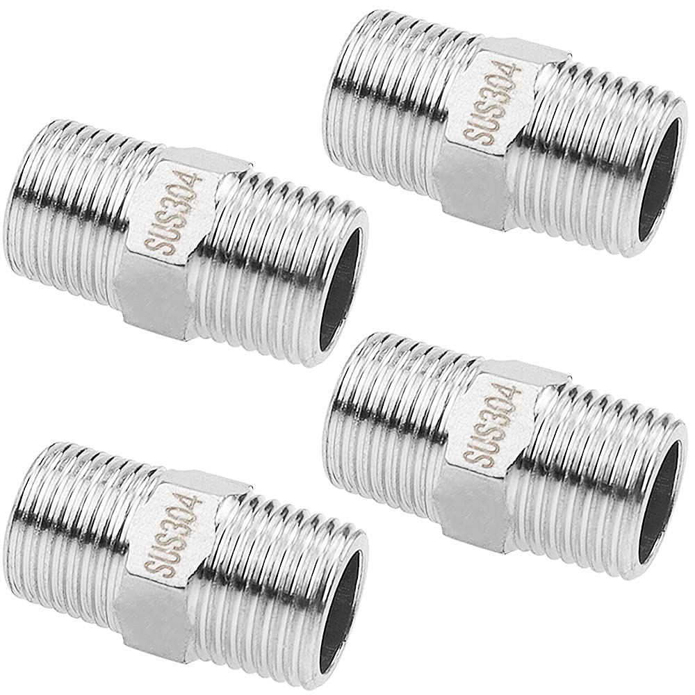 YPLonon 1/2 '' Thread Pipe Shower Hose Connector 4 Pack Male to Male Screwed Nipple BSP Threaded Fittings for Kitchen Bathroom Garden Extra Long Hose Extension - Silver