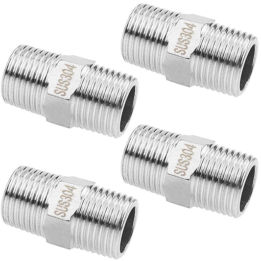 YPLonon 1/2 '' Thread Pipe Shower Hose Connector 4 Pack Male to Male Screwed Nipple BSP Threaded Fittings for Kitchen Bathroom Garden Extra Long Hose Extension - Silver