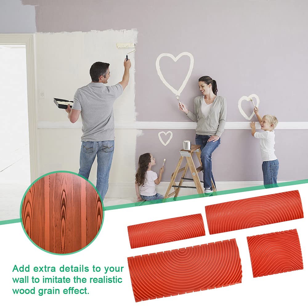 WENRERO 4 PCS Wood Graining Painting Tool Empaistic Imitation Wood Grain Tool Rubber Wood Grain Paint Roller Brush Graining Texture Household Wall Art Paint Kit for Wall Decoration, 7.4/8.7/13/15 cm