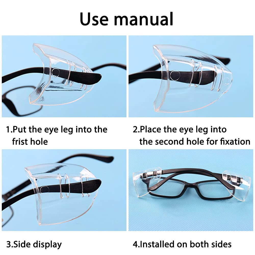 AFUNTA 4 Pairs Safety Glasses Side Shields, Flexible Slip On Side Shields for Prescription Glasses with 4 Pairs Silicone Anti-Slip Ear Grip Hooks, for Small to Medium Eyeglasses